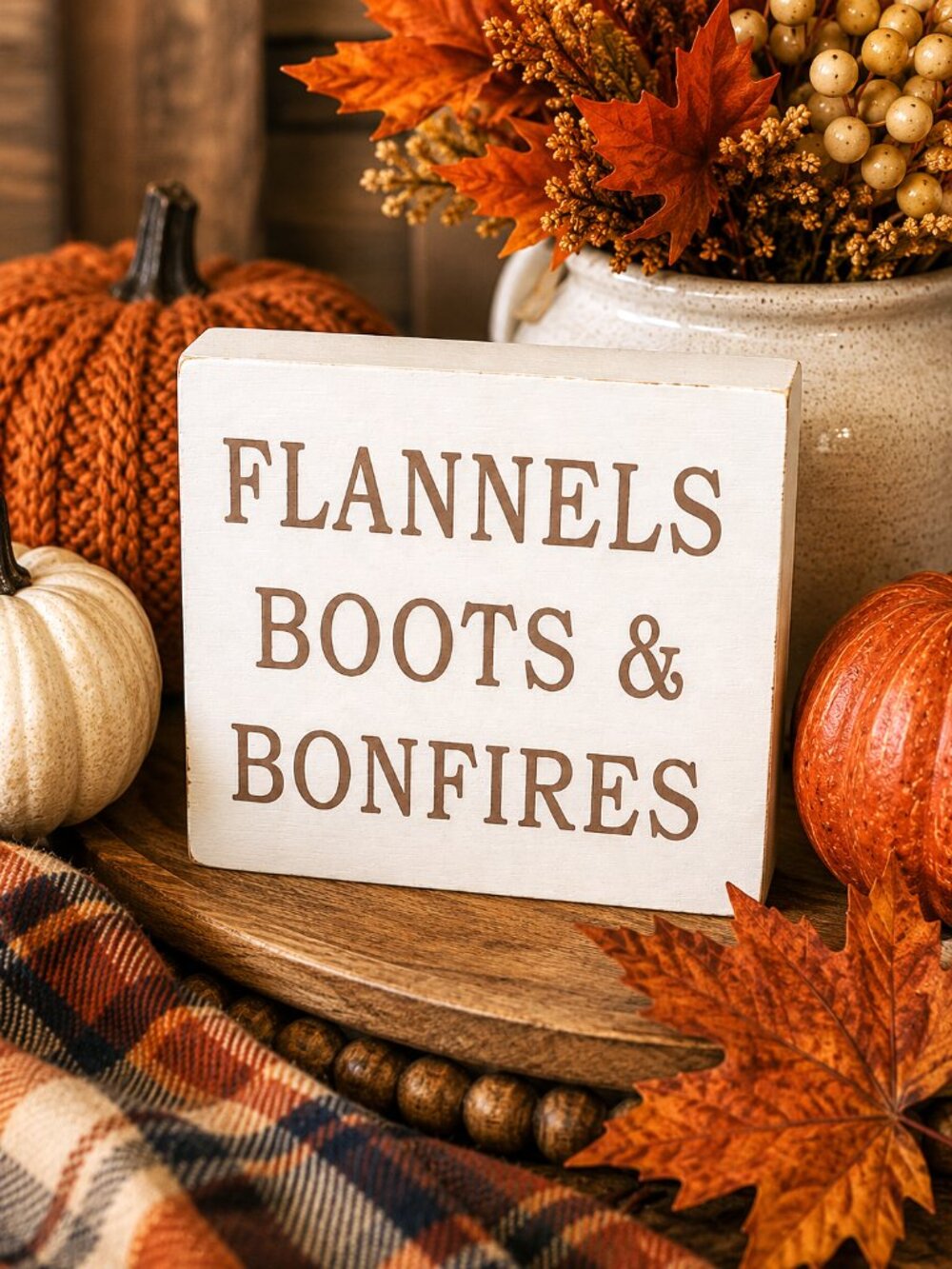 Flannels Boots & Bonfires Wood Block Sign Fall Autumn Farmhouse Shelf Home Décor